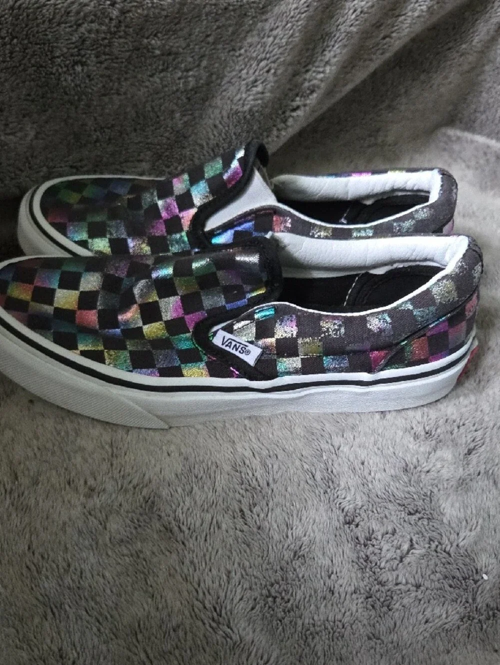 Vans Kids Size 2Y Slip-On Checkerboard Sneakers in Black with Iridescent Accents